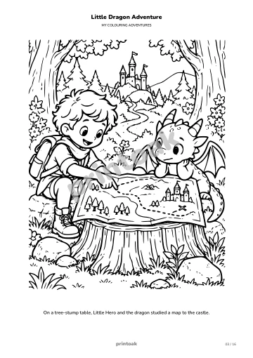 On a tree-stump table, The child and the dragon studied a map to the castle.