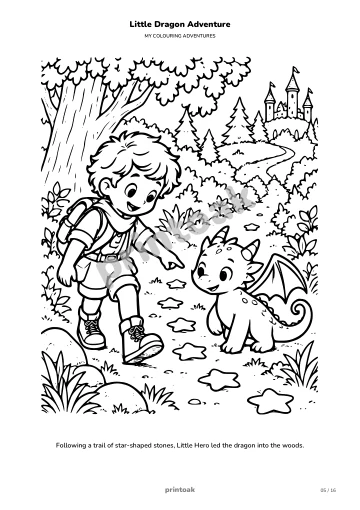 Following a trail of star-shaped stones, The child led the dragon into the woods.
