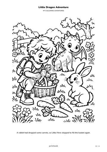 A rabbit had dropped some carrots, so The child stopped to fill the basket again.