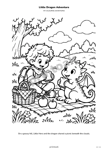 On a grassy hill, The child and the dragon shared a picnic beneath the clouds.