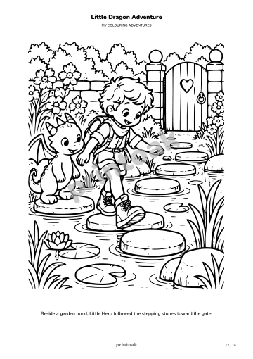 Beside a garden pond, The child followed the stepping stones toward the gate.