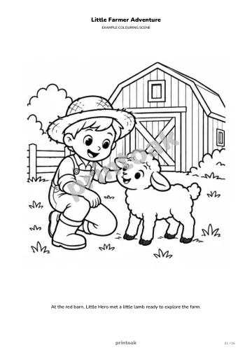 At the red barn, The child met a little lamb ready to explore the farm.