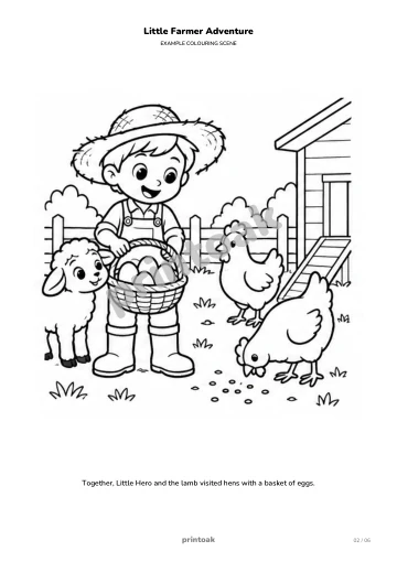 Together, The child and the lamb visited hens with a basket of eggs.