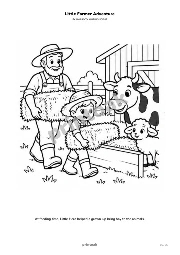 At feeding time, The child helped a grown-up bring hay to the animals.