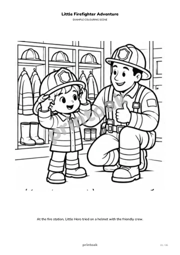 At the fire station, The child tried on a helmet with the friendly crew.