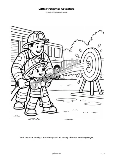 With the team nearby, The child practised aiming a hose at a training target.