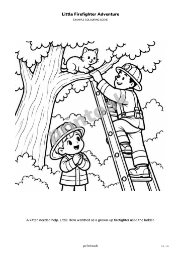 A kitten needed help. The child watched as a grown-up firefighter used the ladder.
