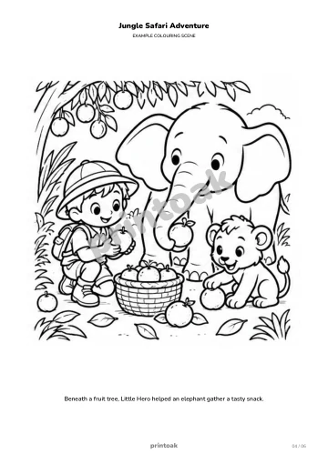 Beneath a fruit tree, The child helped an elephant gather a tasty snack.
