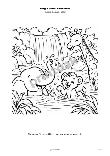The animal friends led The child to a sparkling waterfall.
