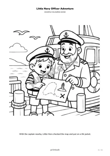 With the captain nearby, The child checked the map and put on a life jacket.