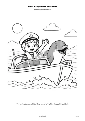 The boat set sail, and The child waved to the friendly dolphin beside it.