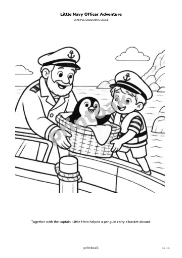 Together with the captain, The child helped a penguin carry a basket aboard.