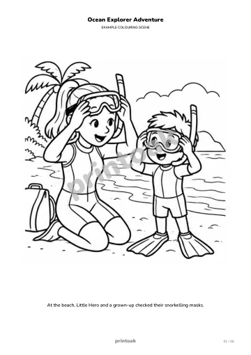 At the beach, The child and a grown-up checked their snorkelling masks.