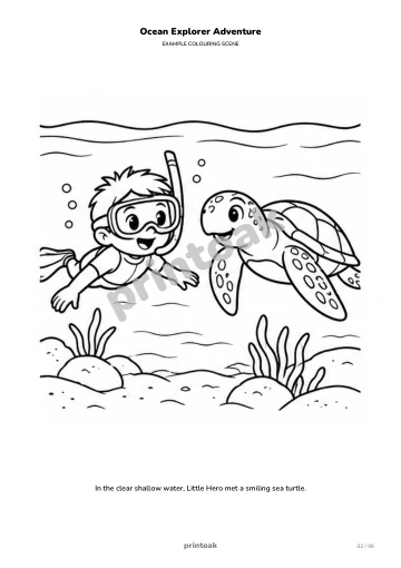 In the clear shallow water, The child met a smiling sea turtle.
