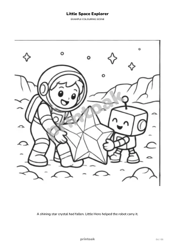 A shining star crystal had fallen. The child helped the robot carry it.