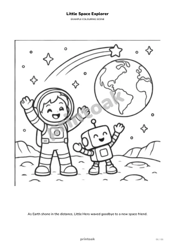 As Earth shone in the distance, The child waved goodbye to a new space friend.